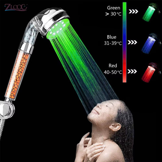 Bathroom LED Shower Head Color Changing Temperature Sensor Handheld Showerhead Spa High Pressure Anion Filter Shower Head